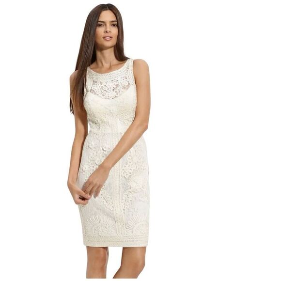 Sue Wong Nocturne Illusion Bodice Lace Sheath Dress 6 White Ivory Wedding Event